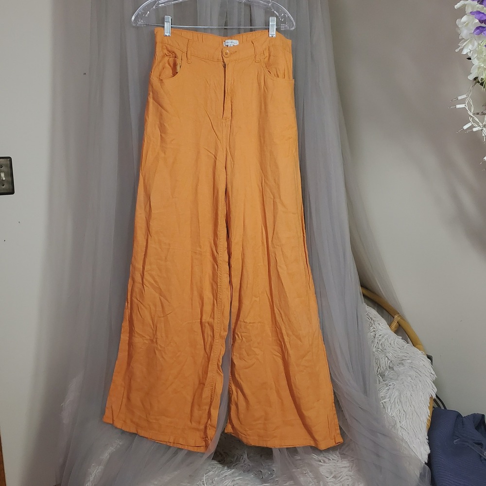 Aster & Brown Orange Linen Blend Wide Leg Pants High Rise Large Mediterranean - Picture 2 of 5